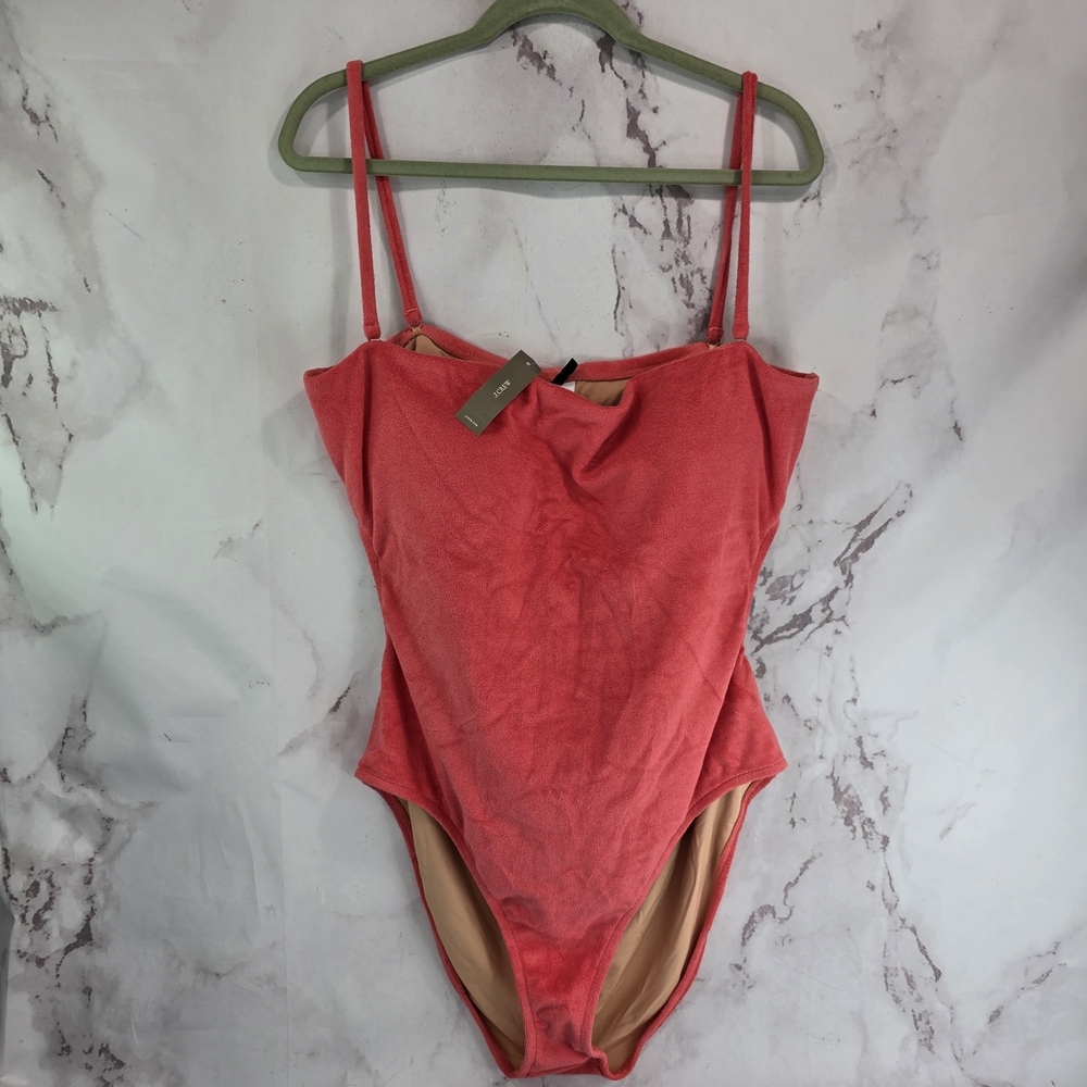 J Crew Swim Pink One Piece Terry Tie Cut Out Bandeau Open Suit Coral Towel BK548